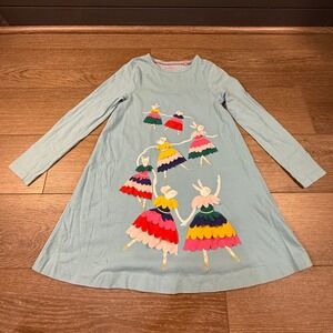 Mini Boden Girls Bunny Ballerina Applique Dress Long Sleeve Blue 9-10 Years